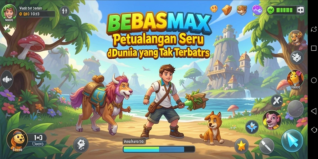 Screenshot gameplay BEBASMAX menampilkan aksi petualangan yang seru dan pemandangan indah.