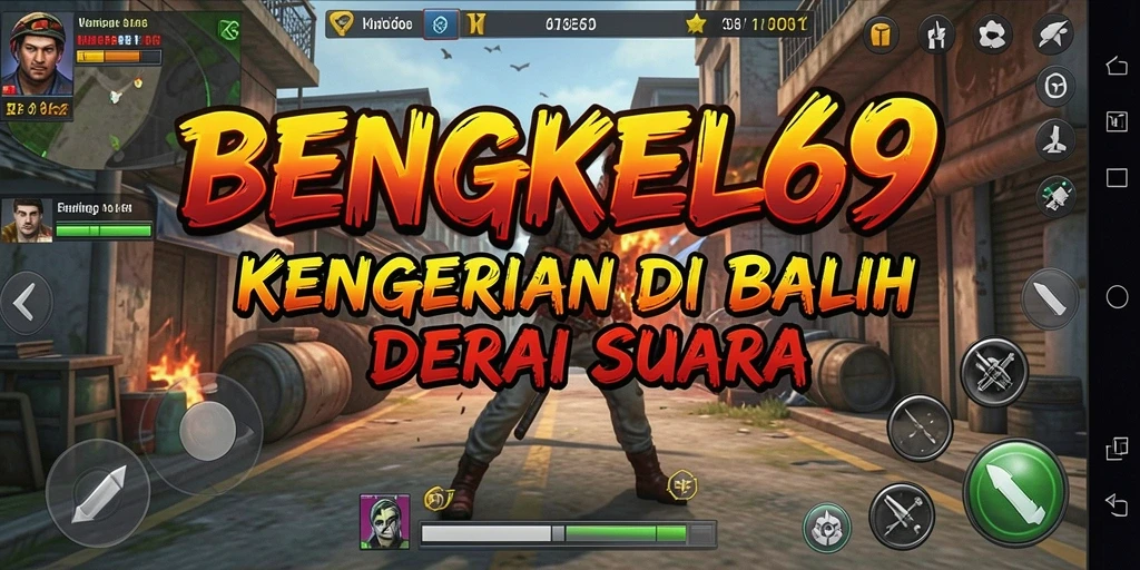 Screenshot menampilkan suasana menyeramkan di bengkel tua dengan efek pencahayaan dramatis.