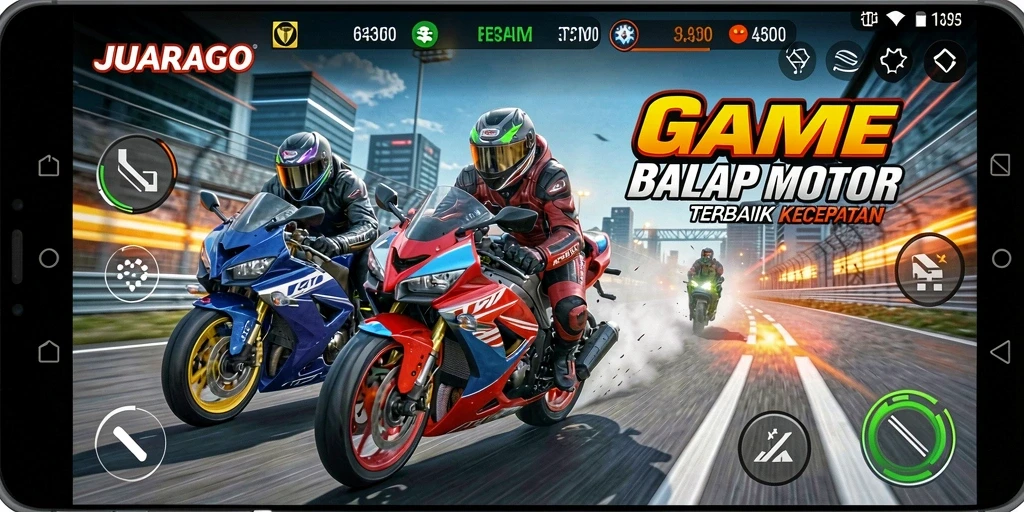 Screenshot JUARAGO menampilkan aksi balap motor yang intens.