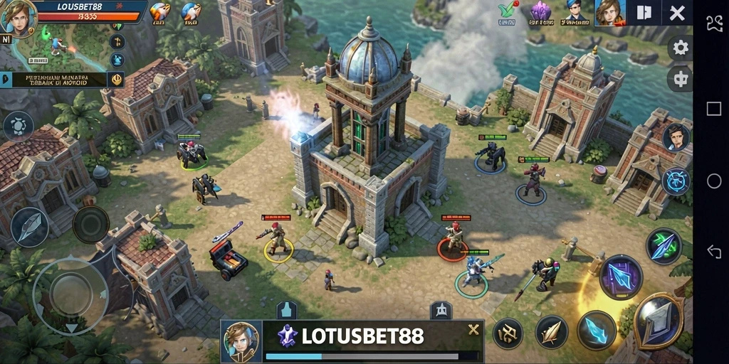Gameplay LOTUSBET88 menampilkan menara yang kokoh melawan gelombang musuh.