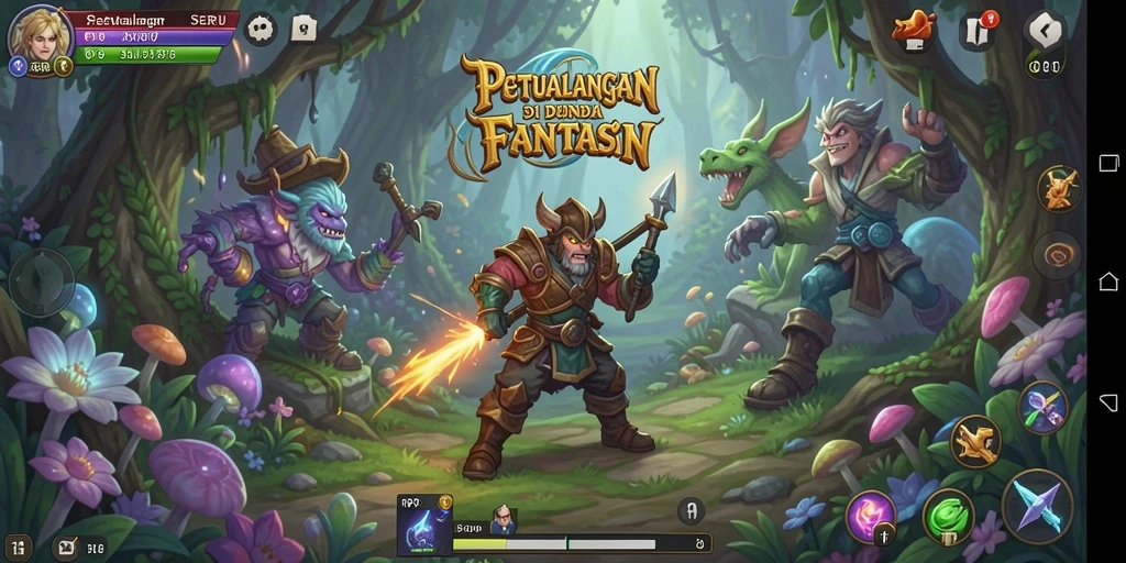 Screenshot menampilkan karakter dalam pertarungan epik di dunia fantastis.