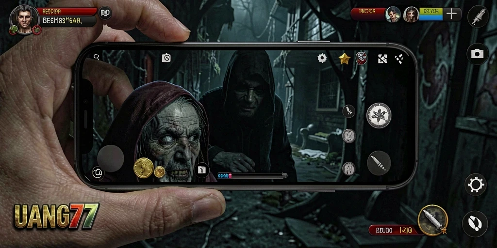 Screenshot gameplay UANG77 menunjukkan suasana horor yang menegangkan.