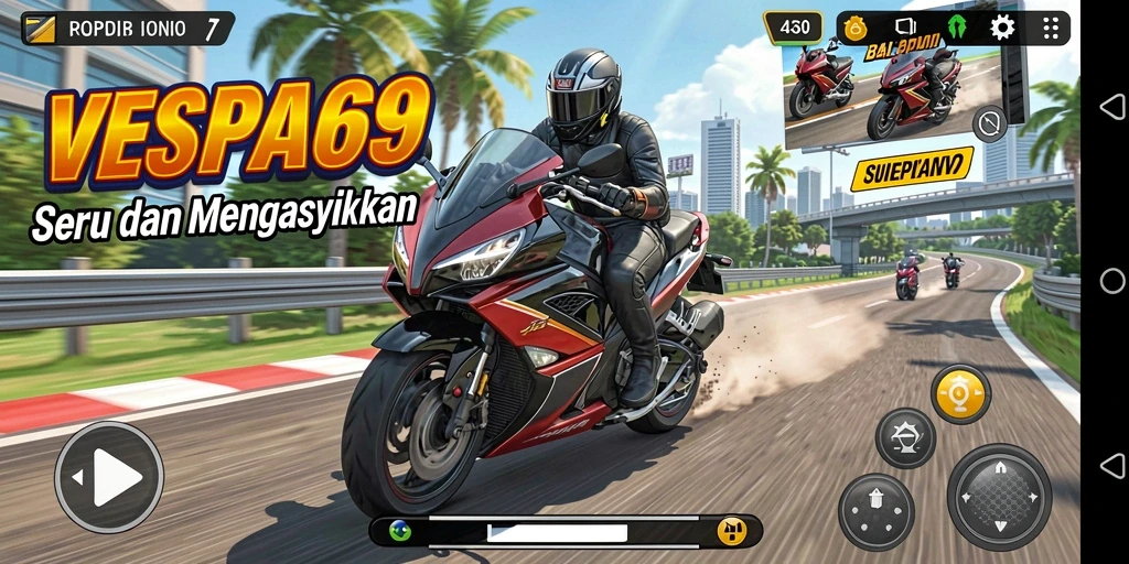 Screenshot gameplay VESPA69 menampilkan aksi balapan motor yang mendebarkan.