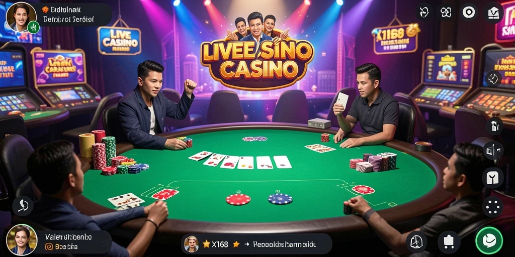 Screenshot utama X168 menampilkan dealer langsung saat permainan berlangsung di Live Casino.