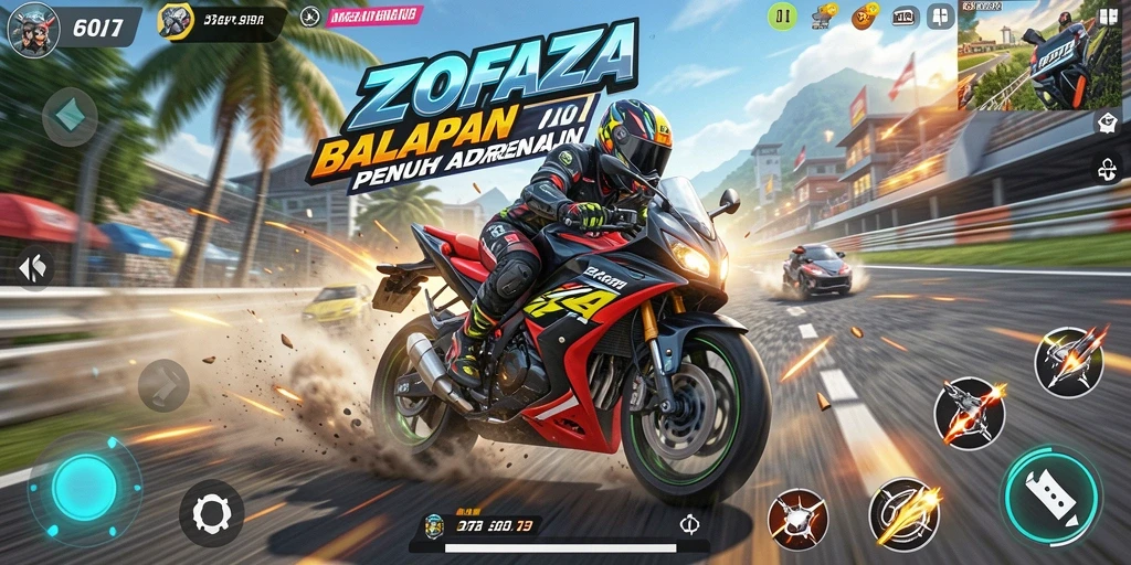 Screenshot gameplay ZOFAZA yang menunjukkan aksi balapan seru.